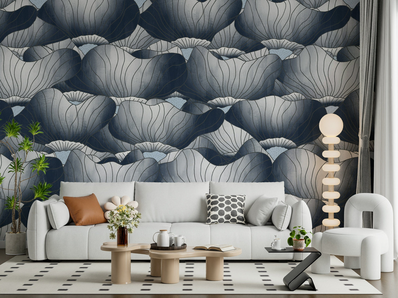 Navy Blue Botanical Bloom Waves  Wall Mural