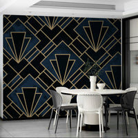 Stunning navy blue mosaic wall mural with golden geometric design

