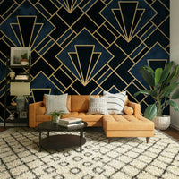Luxurious Art Deco mosaic mural in rich blue tones

