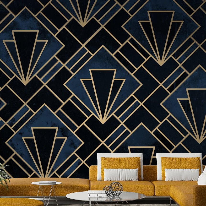 Deep blue and gold Art Deco mosaic design for modern interiors

