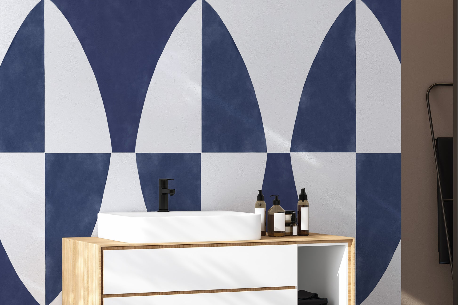 Minimalist geometric design wallpaper in navy and white
