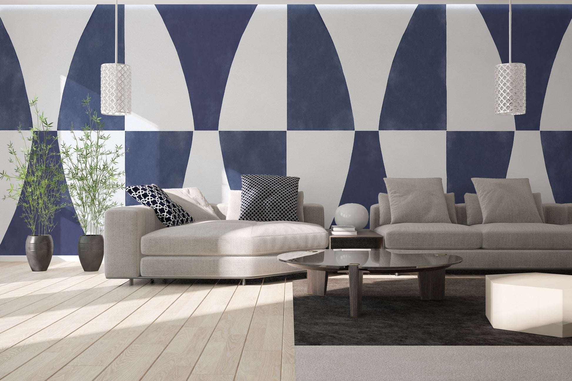 Navy blue geometric pattern wallpaper for modern decor
