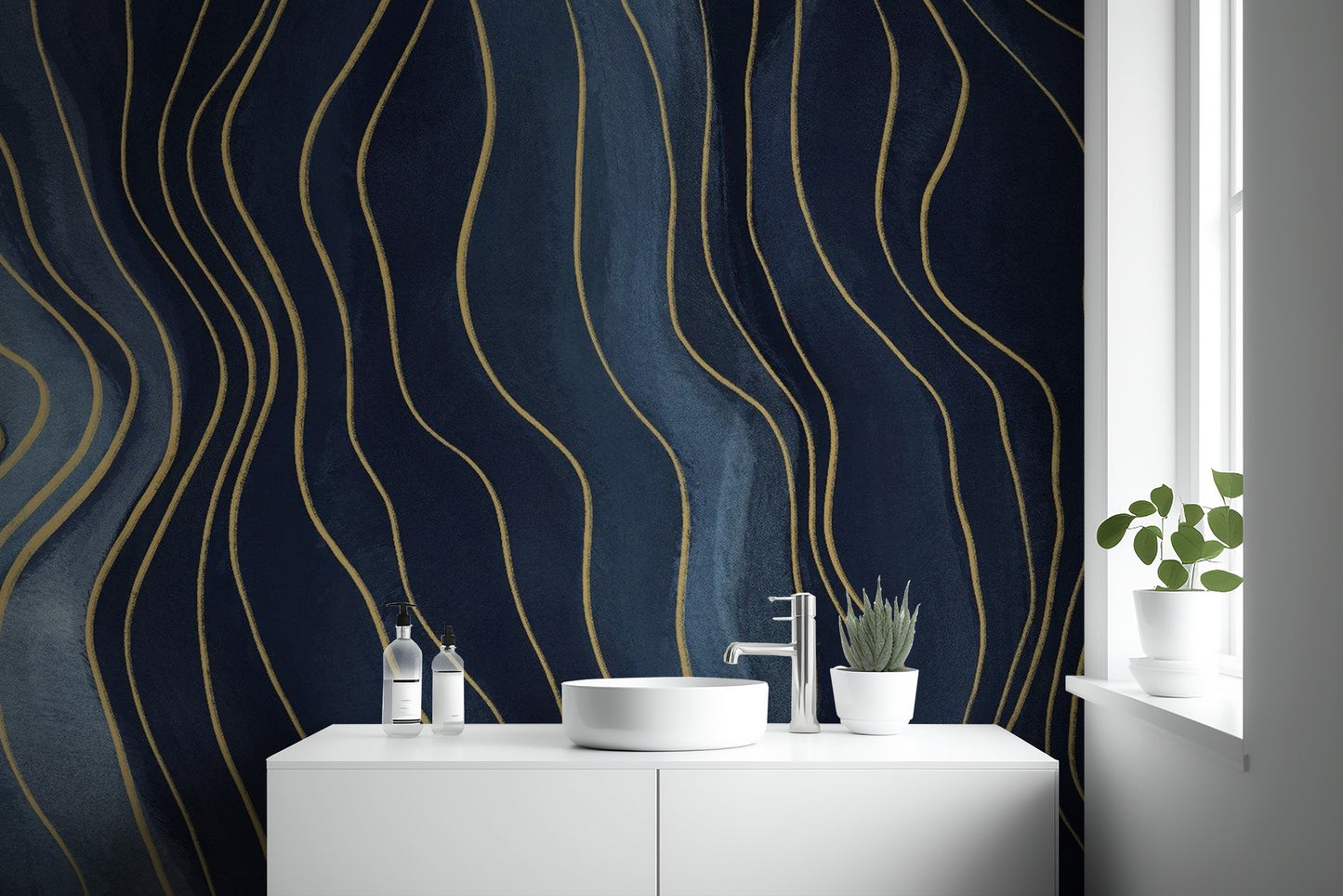 Contemporary Navy Blue with Gold Lines Mural
