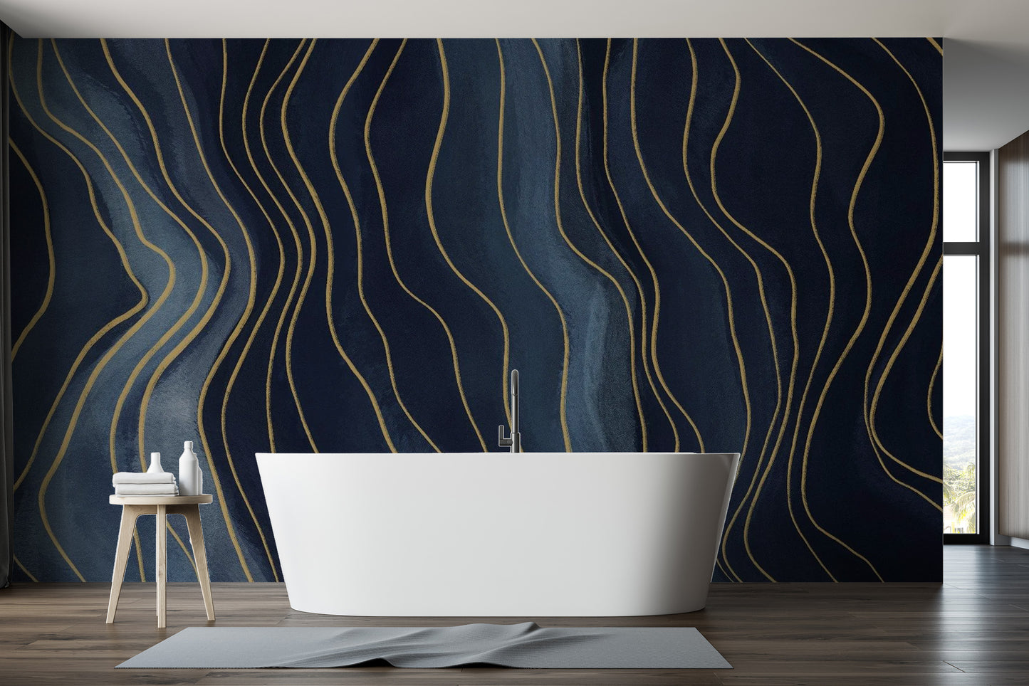 Artistic Navy and Gold Chalk Line Wall Mural
