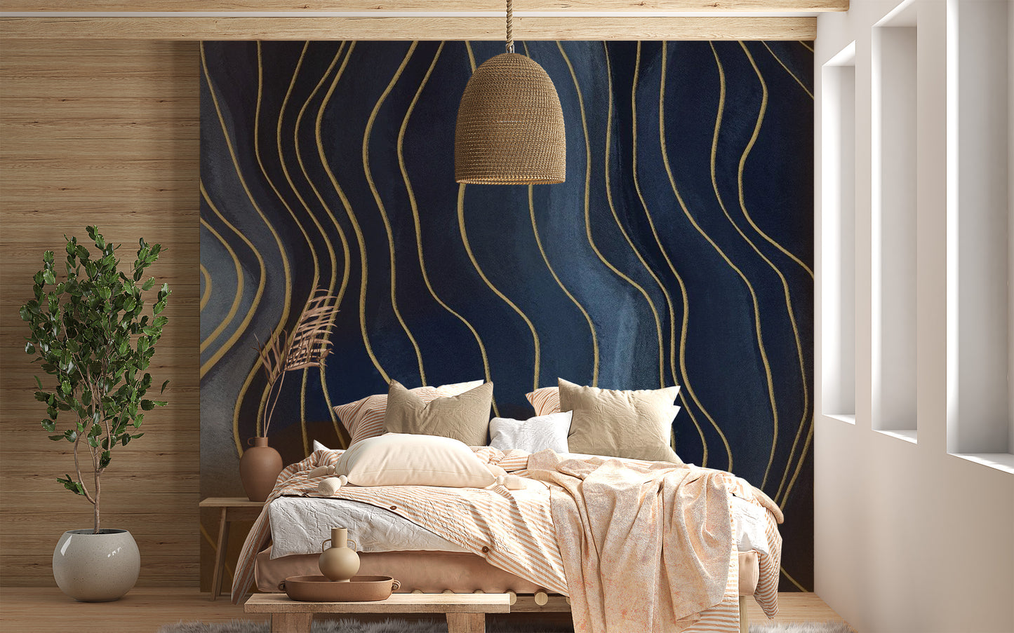 Navy and Gold Abstract Chalk Line Mural
