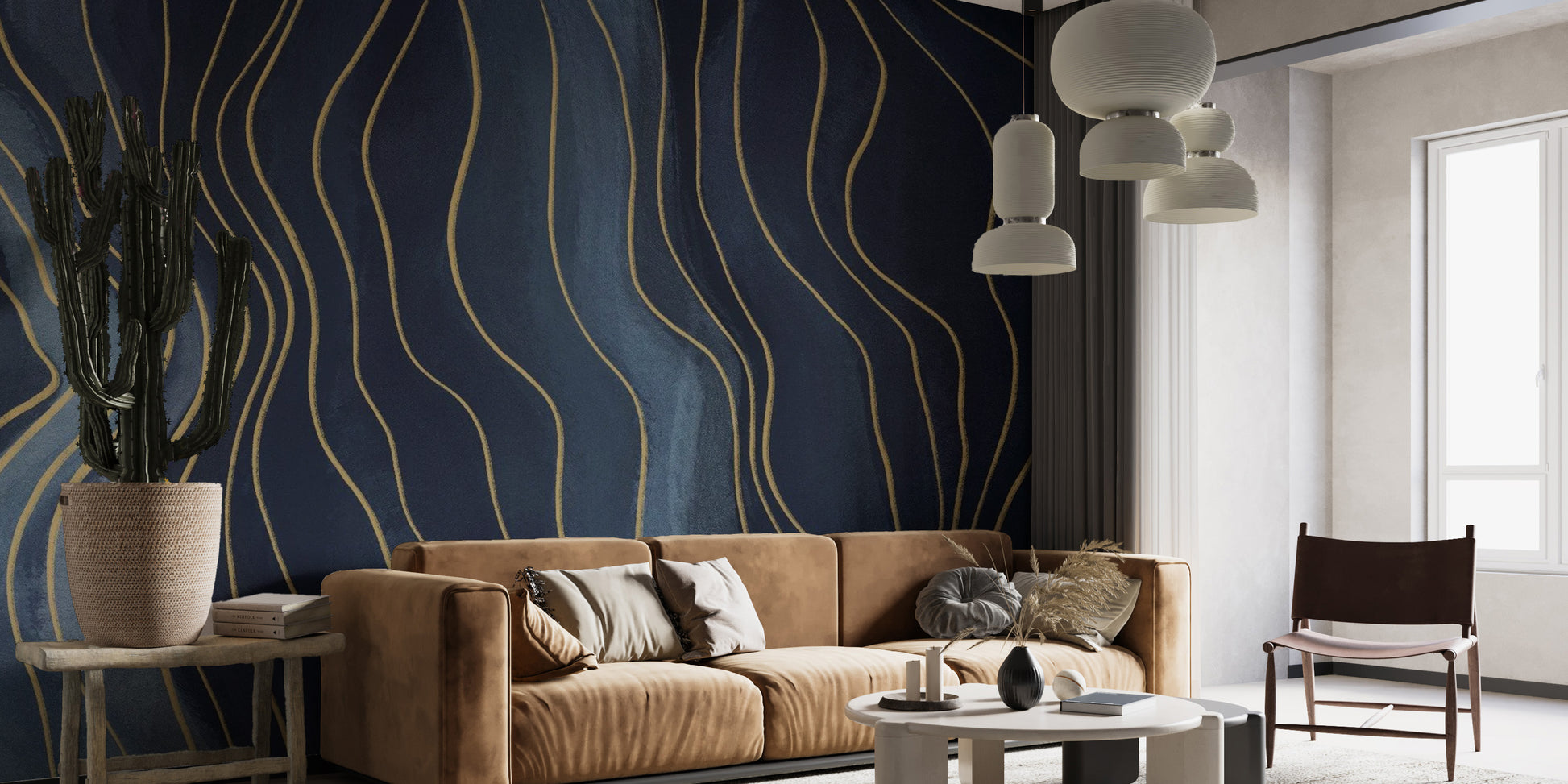 Elegant Navy and Gold Chalk Lines Wall Mural
