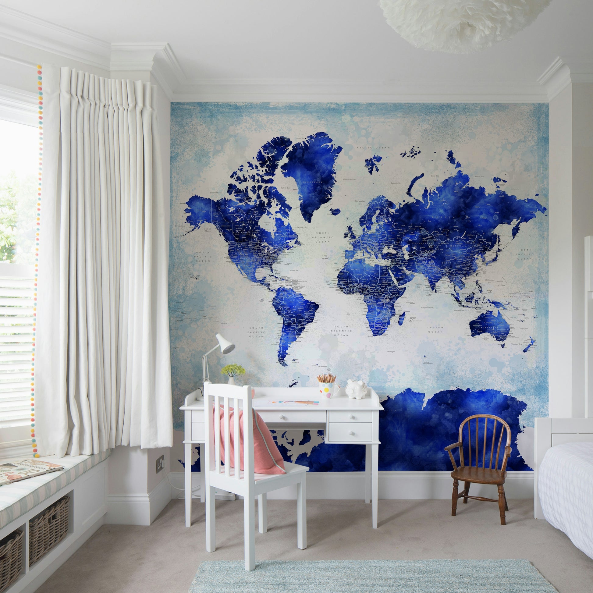 Modern navy blue world map for lounge walls

