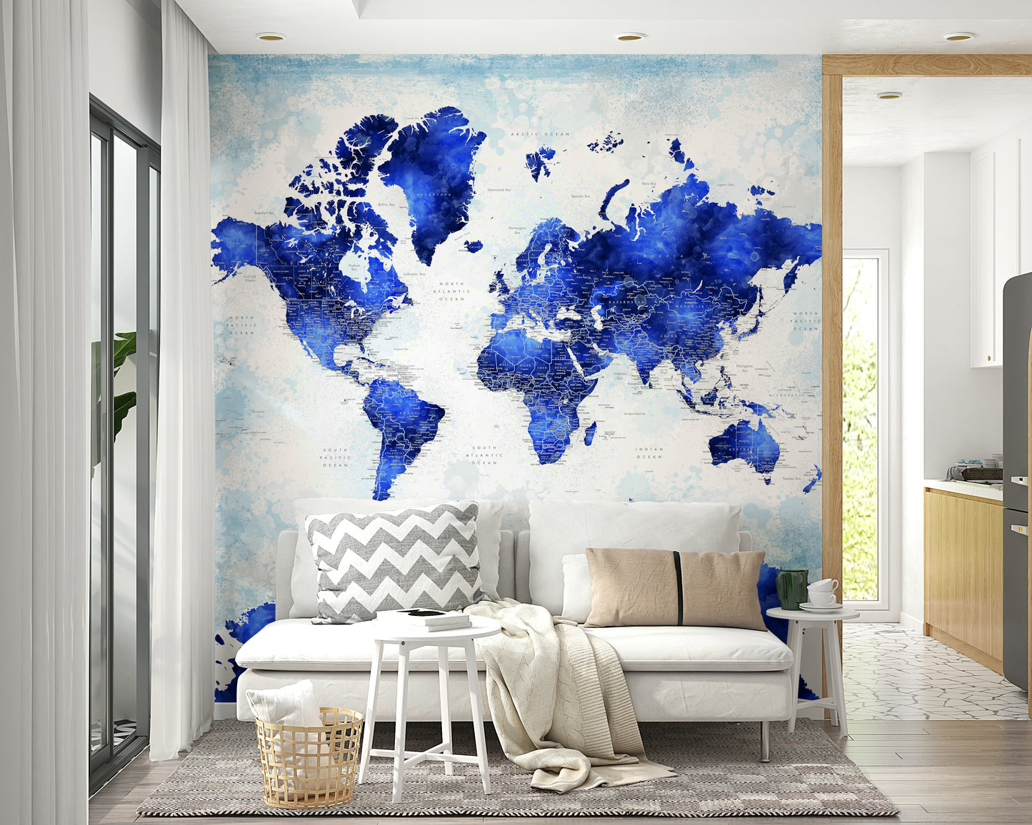 Sophisticated wall mural with navy blue continents

