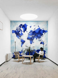 Deep blue map mural with watercolor styling

