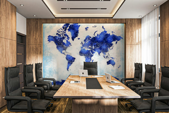 Navy blue watercolor world map wallpaper for walls

