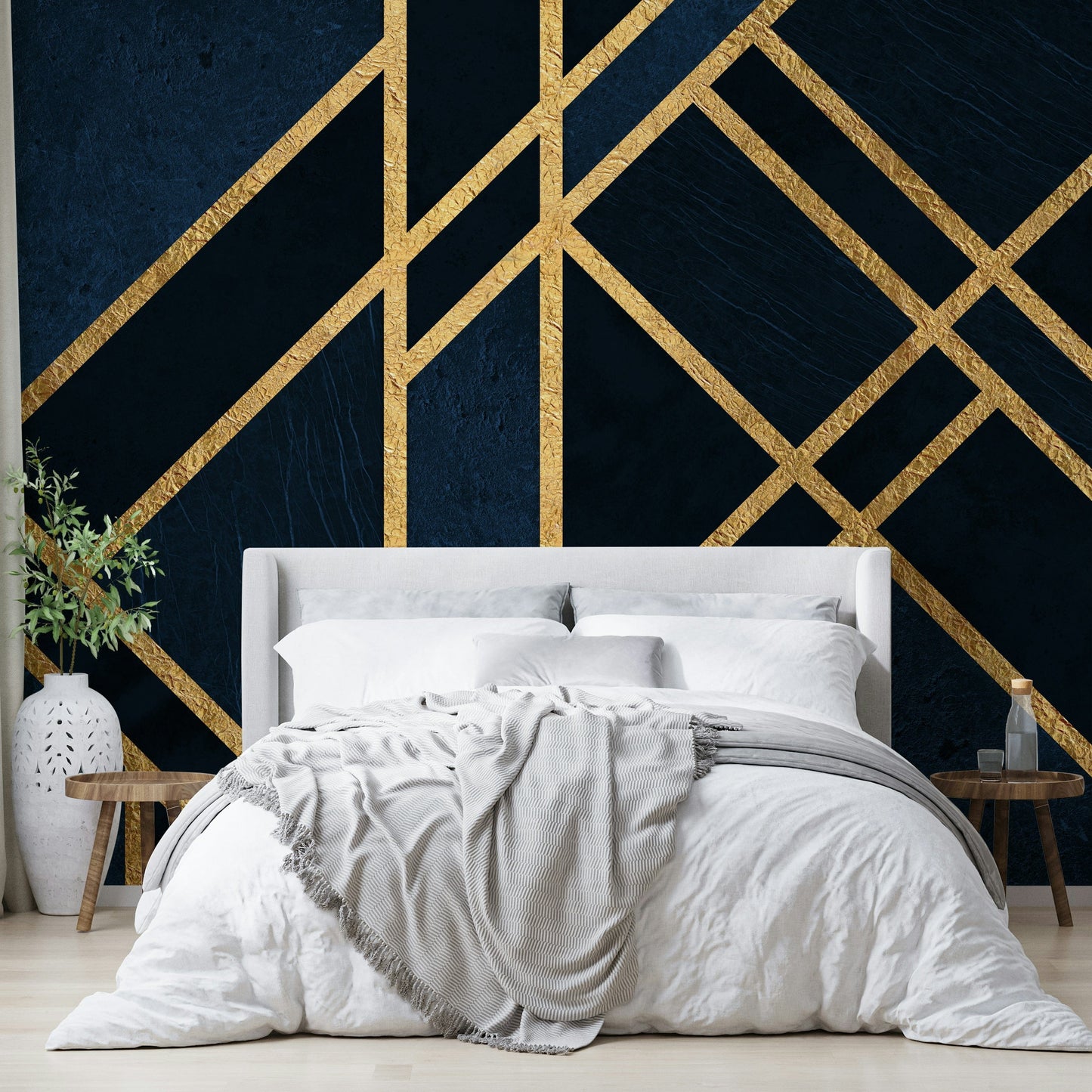 A peaceful 1920s style mural on decorative wallpaper.


