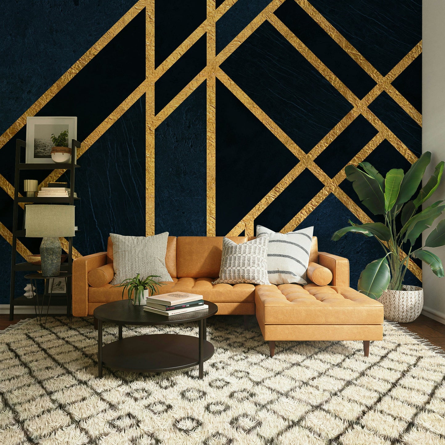 An artistic gold metallic mural on luxury wallpaper.

