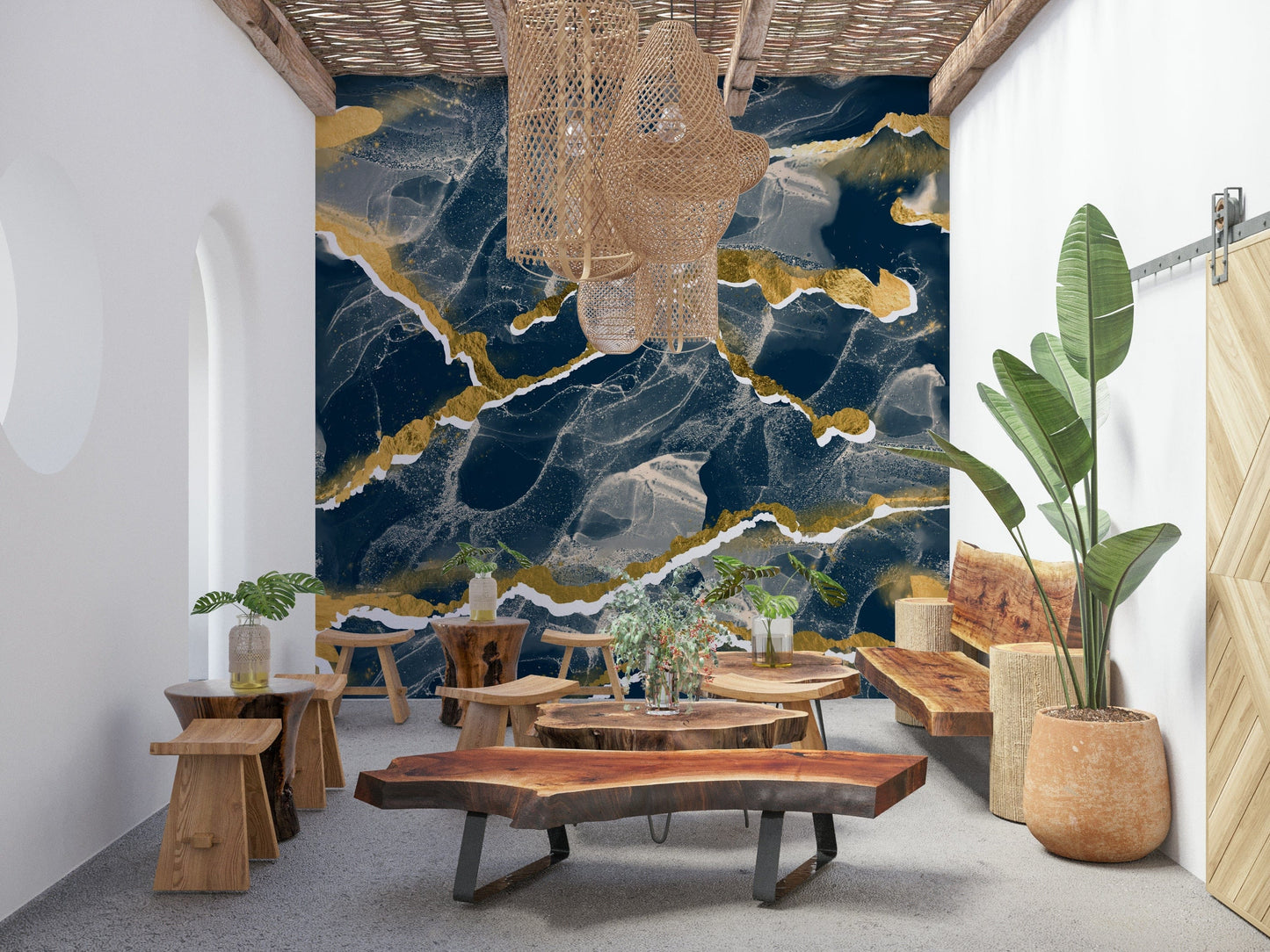 Golden Veins Navy design shown as a large-scale, modern abstract Marble Wallpaper.
