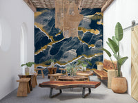 Golden Veins Navy design shown as a large-scale, modern abstract Marble Wallpaper.
