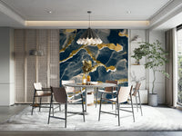 Modern Luxe Abstract Wall Mural with a sophisticated navy and golden vein Marble Wallpaper design.