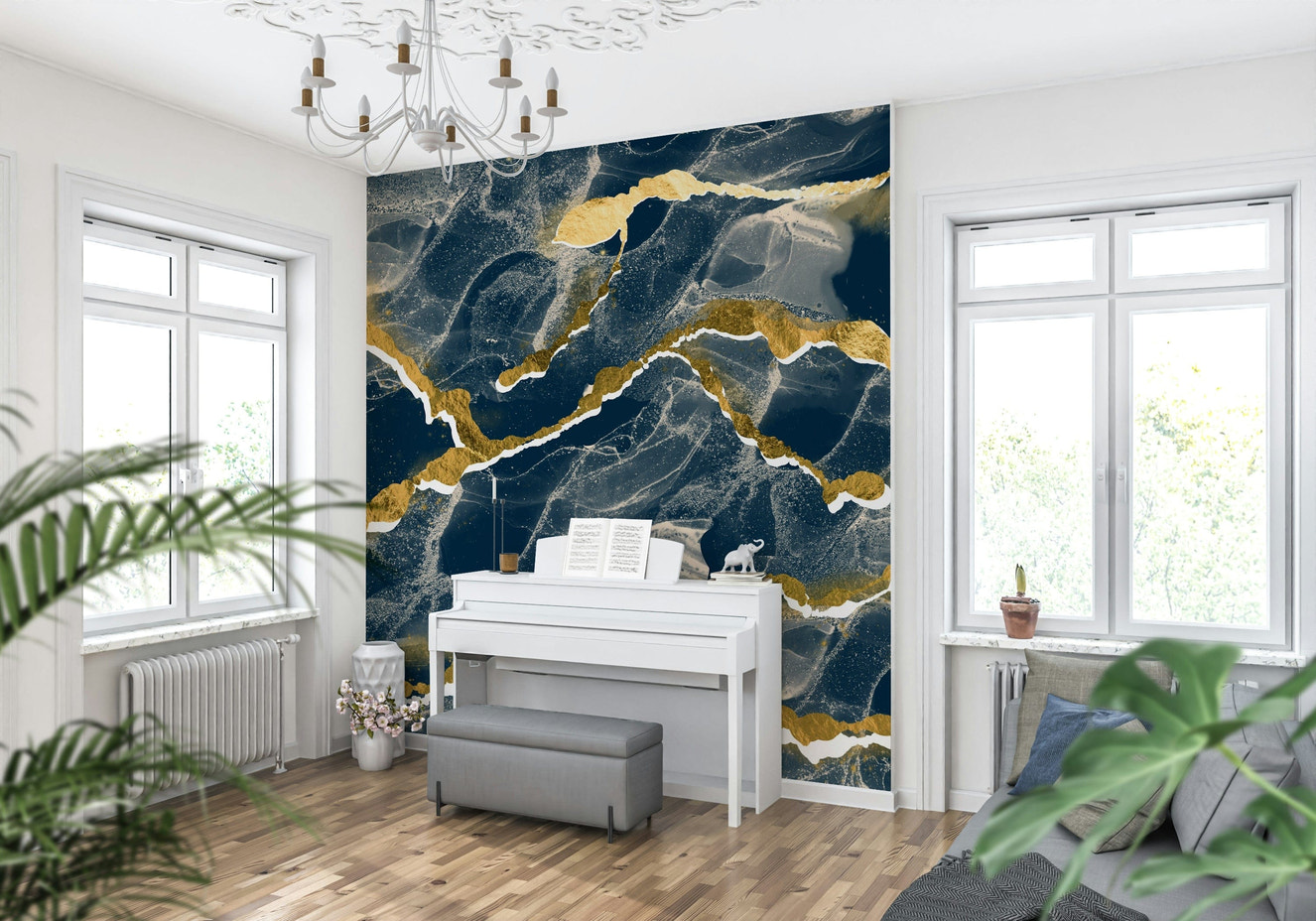 A modern abstract Marble Wallpaper featuring a deep navy blue background intersected by elegant golden veins.