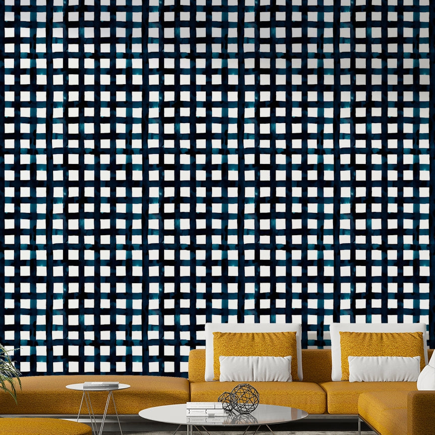 Navy geometric wallpaper with grid stripe pattern

