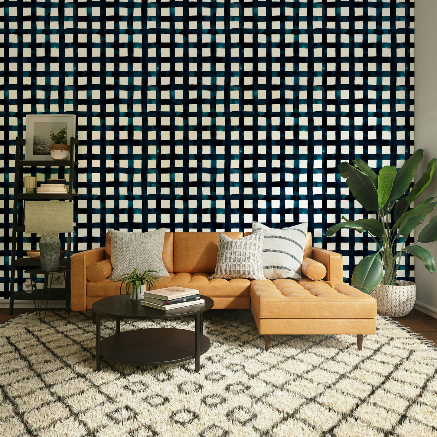 Contemporary geometric wallpaper in navy hues

