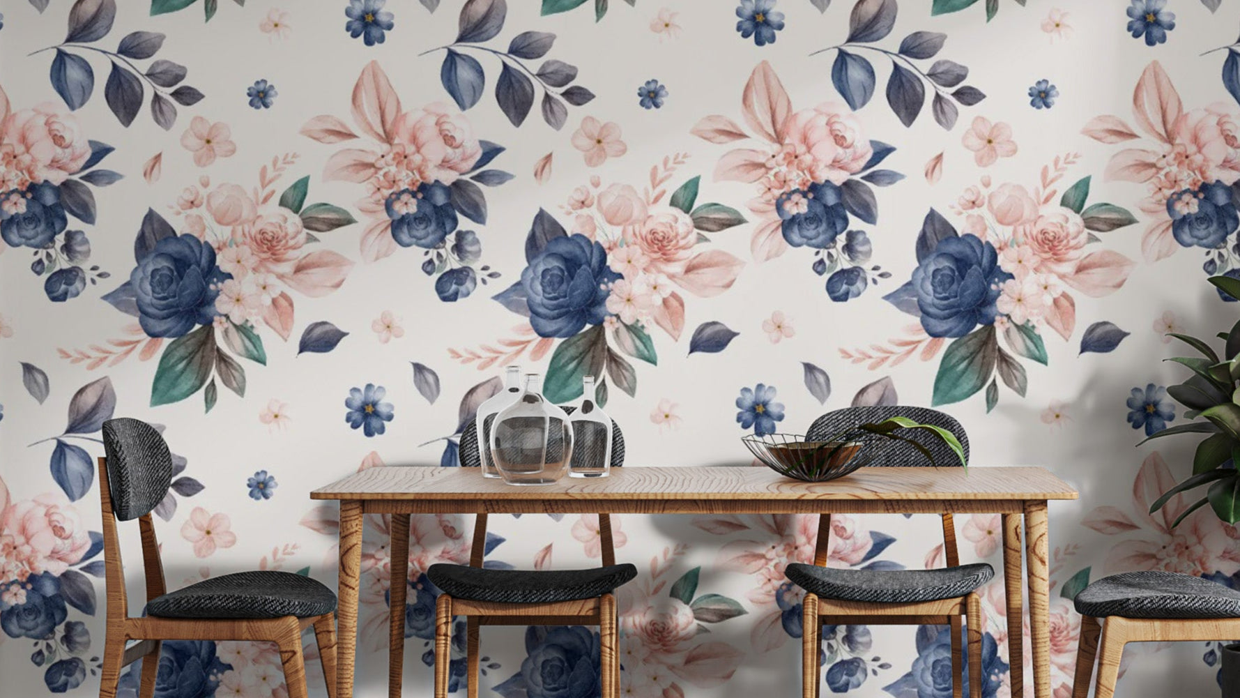 Navy and peach color floral wall design
