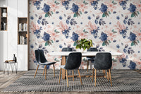 Floral wallpaper with navy and peach tones
