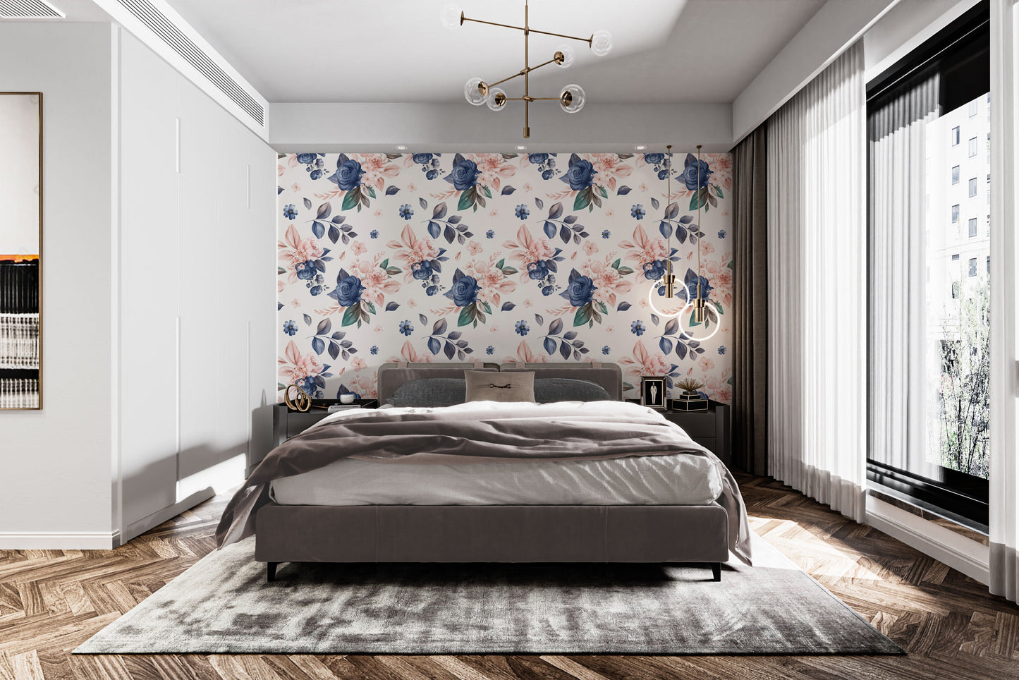 Navy peach floral wallpaper for stylish decor
