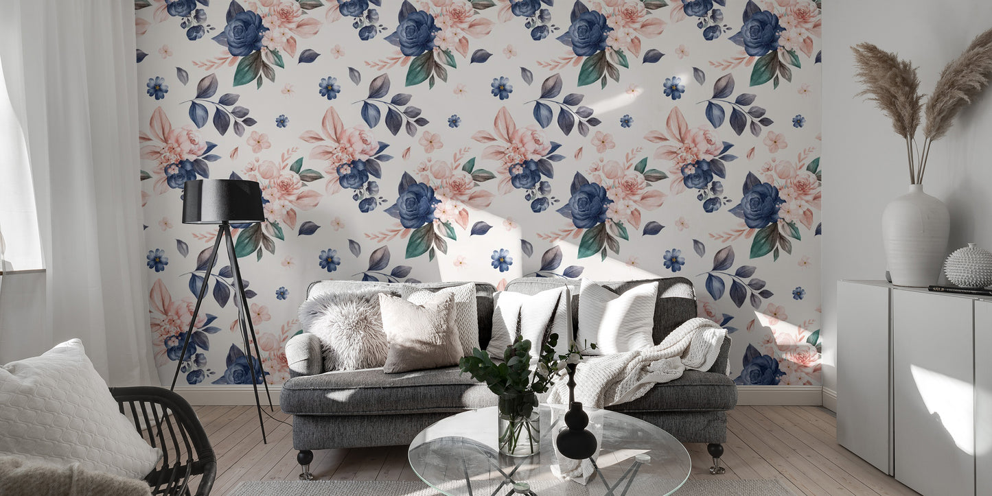 Floral wallpaper in navy and peach colors

