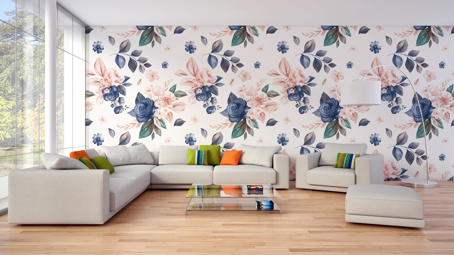 Elegant navy & peach floral wallpaper design
