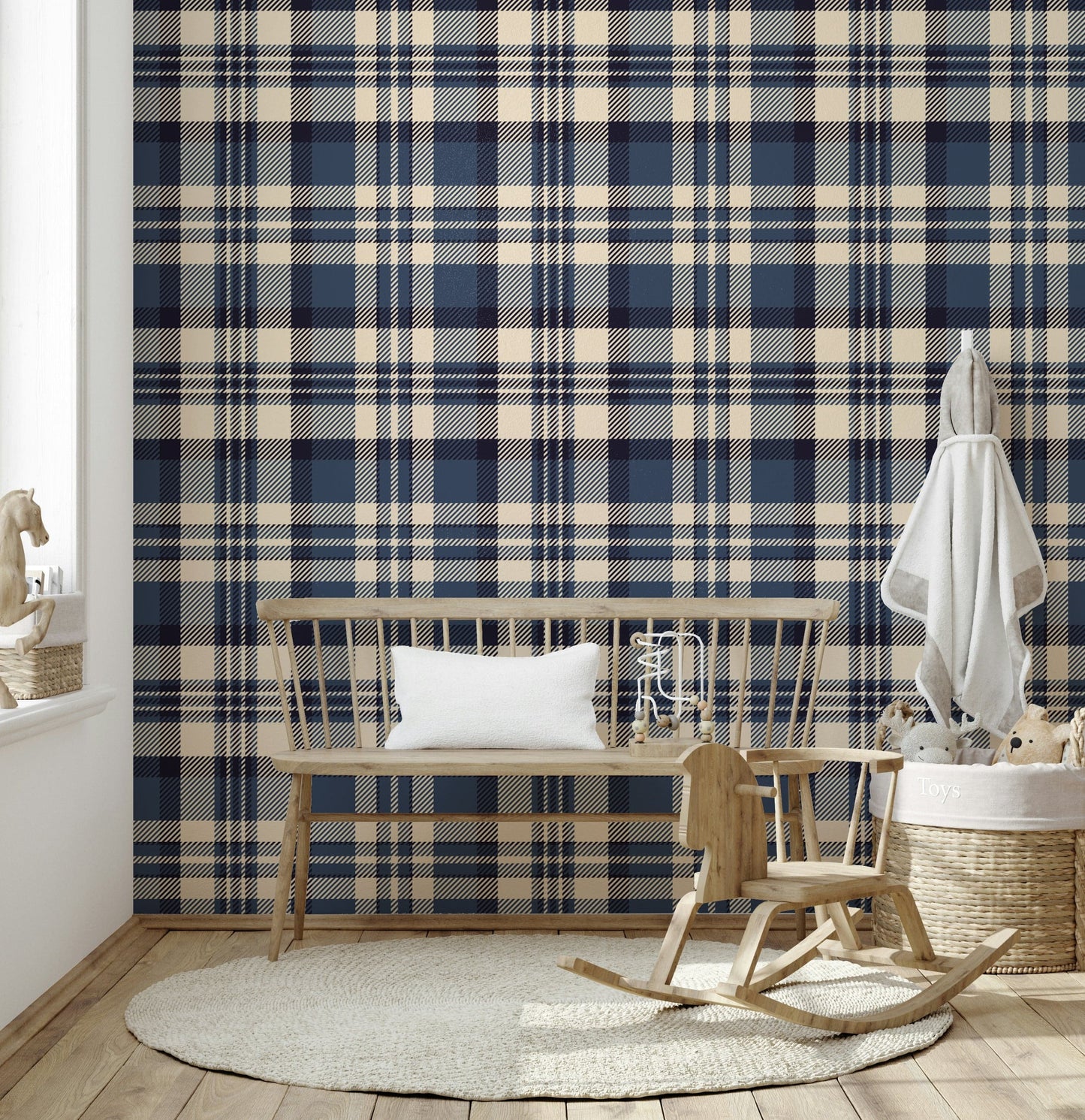 Classic navy plaid wallpaper perfect for accent walls or full room decor.
