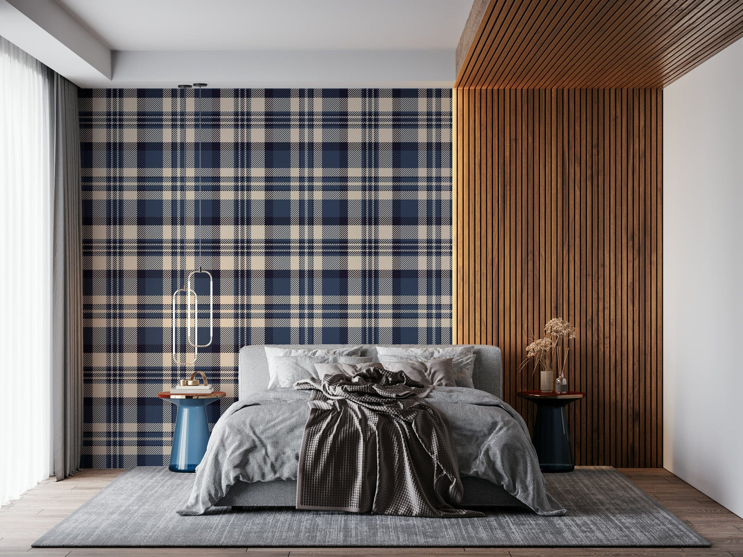 Navy Tartan Checks wall mural adding a classic, preppy touch to interiors.