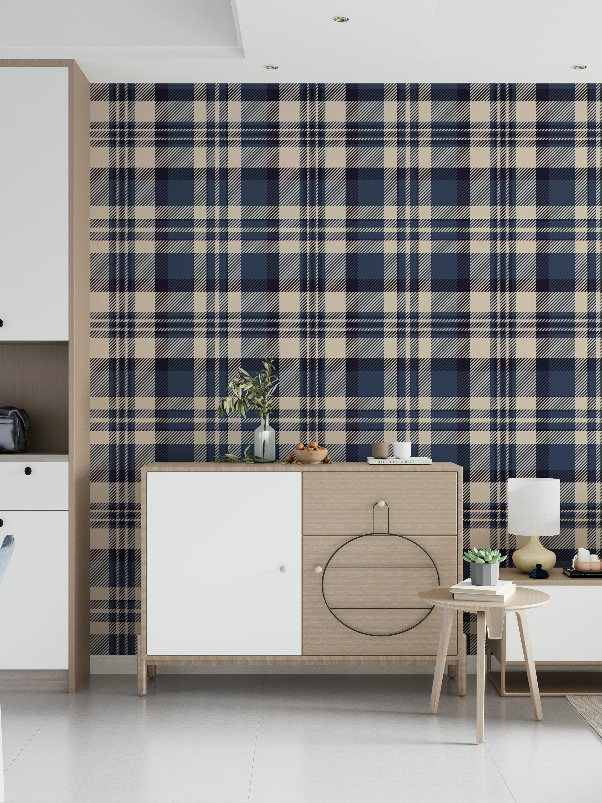 Navy checkered wallpaper featuring classic plaid design for bedrooms or living rooms.