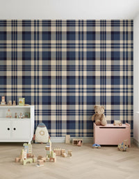 Traditional tartan wallpaper in navy tones for a cozy, timeless interior look.