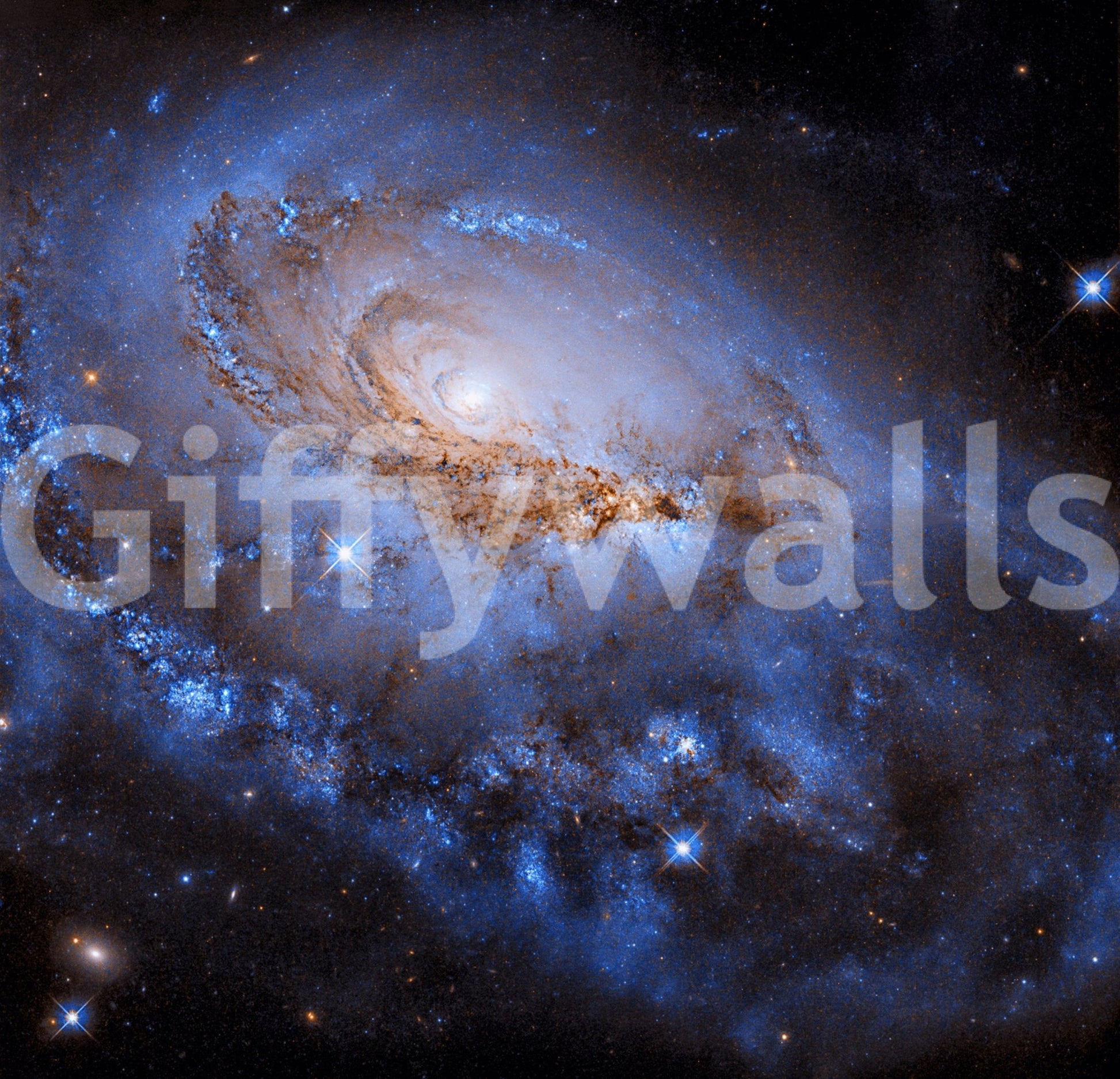 Nebula Dreams wall mural close-up showing a blue spiral galaxy with rust dust lanes and a bright glowing core