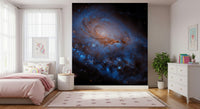 Nebula Dreams wall mural of a blue spiral galaxy on black space behind a pink bed with unicorn art in a girls bedroom