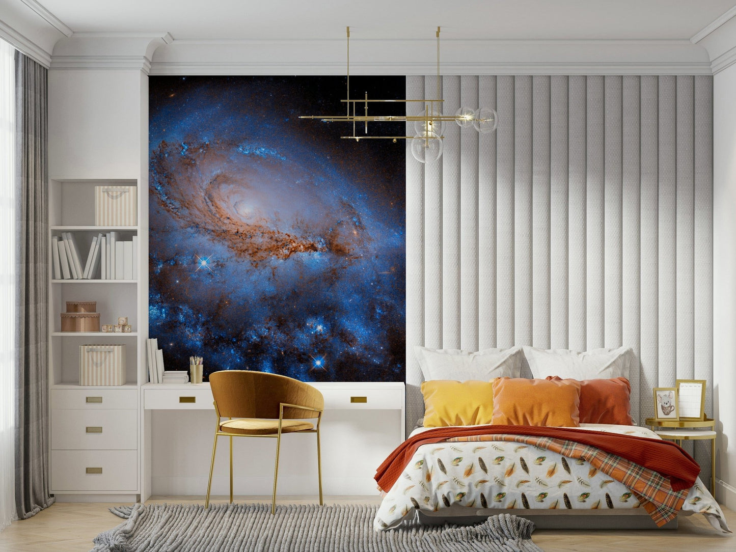 Nebula Dreams wall mural of a spiral galaxy behind a bed with mustard cushions and a gold desk chair in a bedroom