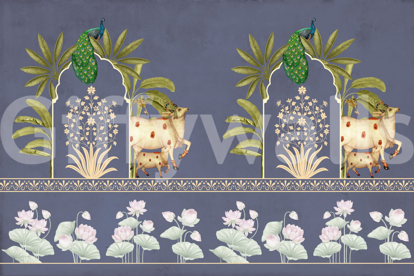 Office reception wall mural with arch motif, rich blue tones and neutral background, professional feature wall