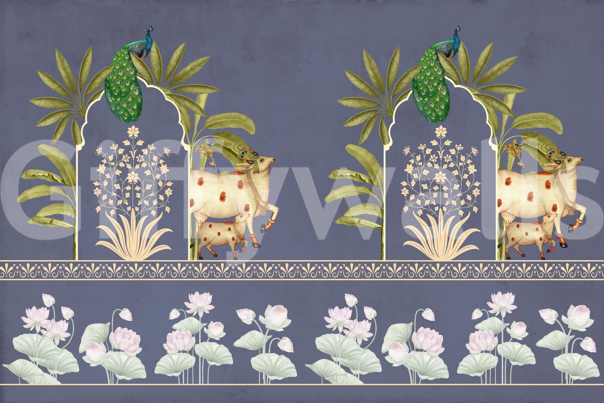 Office reception wall mural with arch motif, rich blue tones and neutral background, professional feature wall