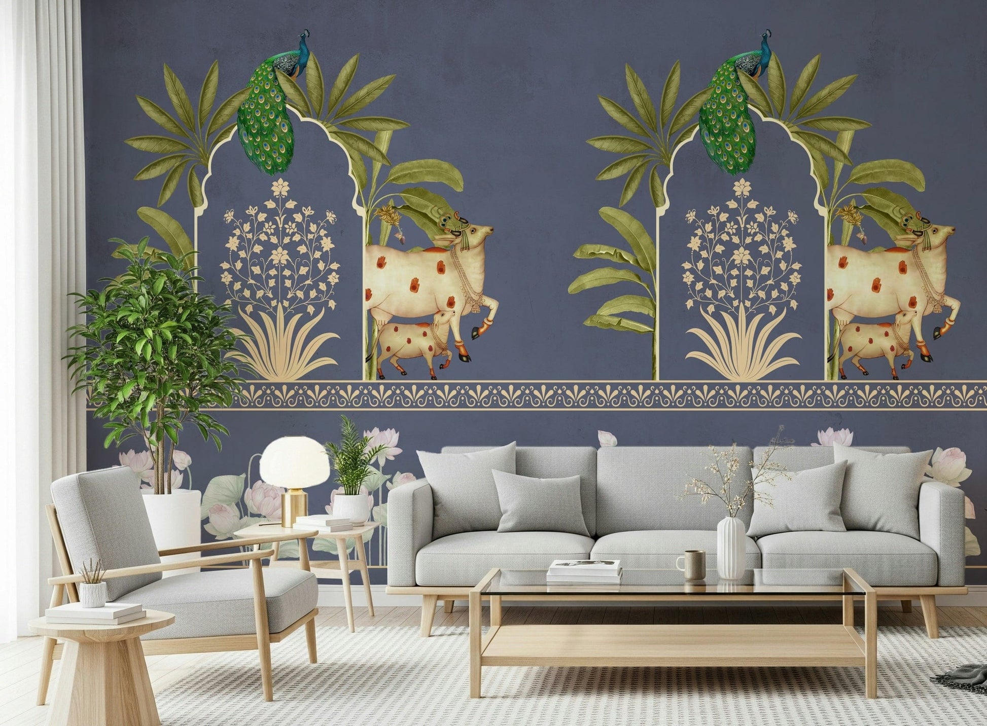 Reading corner mural with arch pattern, navy and beige tones, minimal modern styling for small spaces