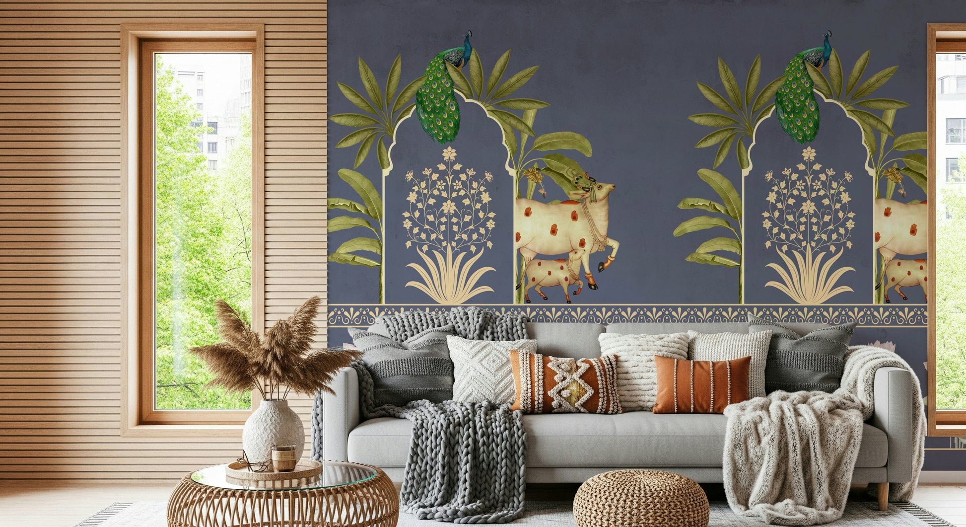 Hallway wall decor mural with arch motif, deep blue pattern with neutral base, modern apartment styling