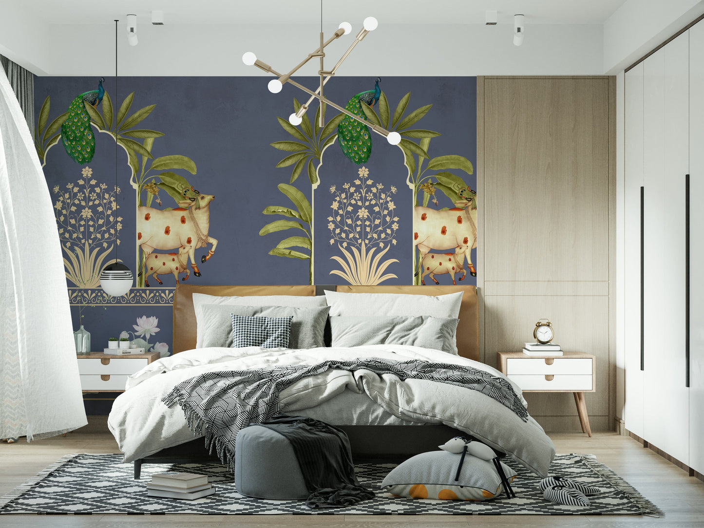 Living room feature wall mural, layered arch design in blue and cream, modern furniture styling