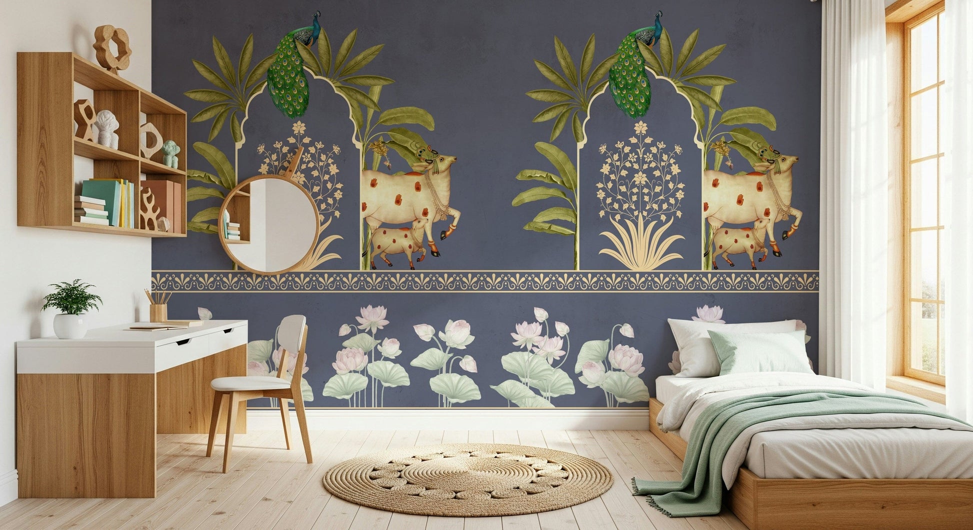 The Neelambar Arch mural in apartment entryway, bold blue arches on light background, clean modern look