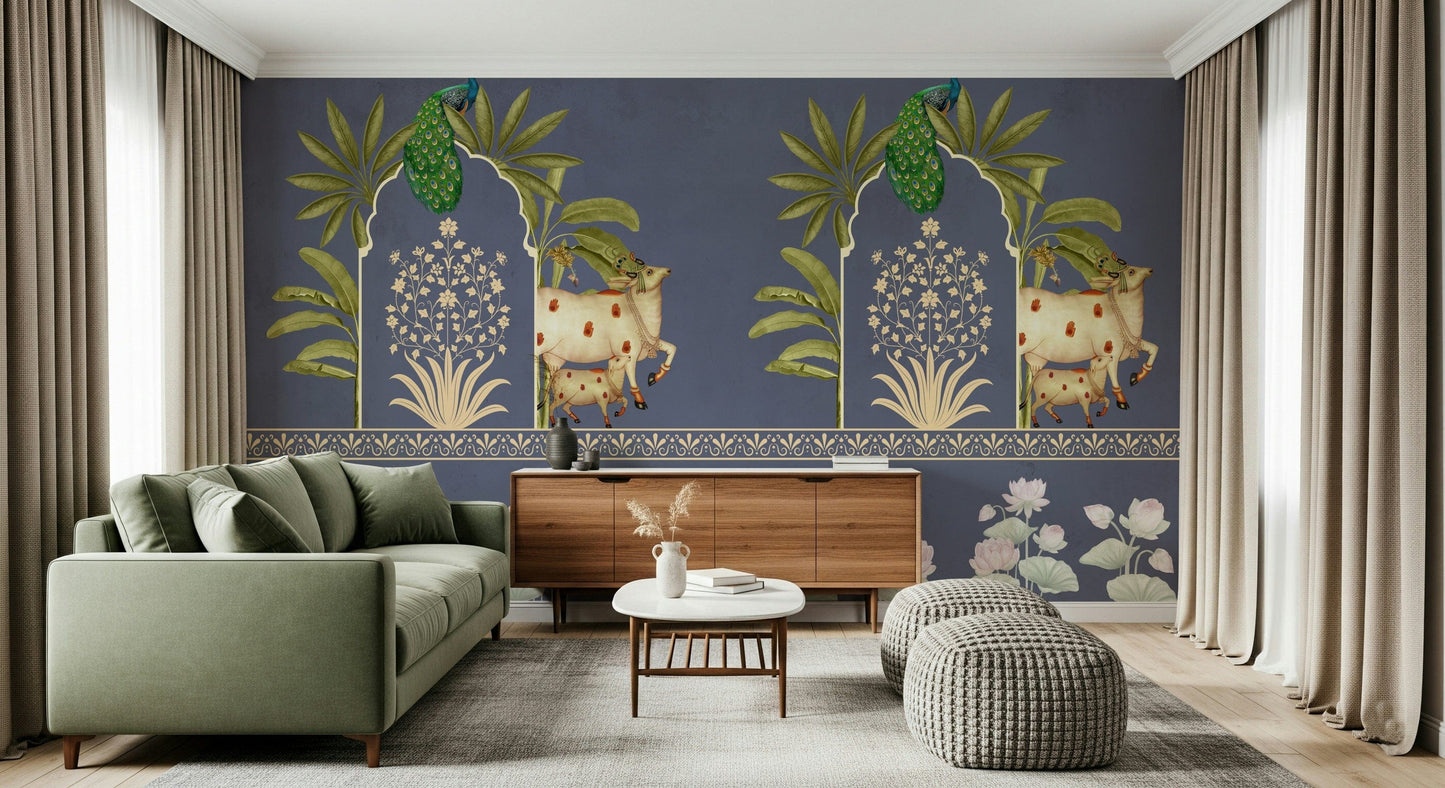 Arch-style wallpaper mural for bedroom, navy and sand color palette, modern wall decor behind headboard