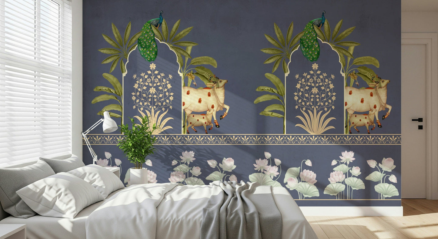 The Neelambar Arch wall mural in modern living room, deep blue arch motif with beige accents, feature wall behind sofa