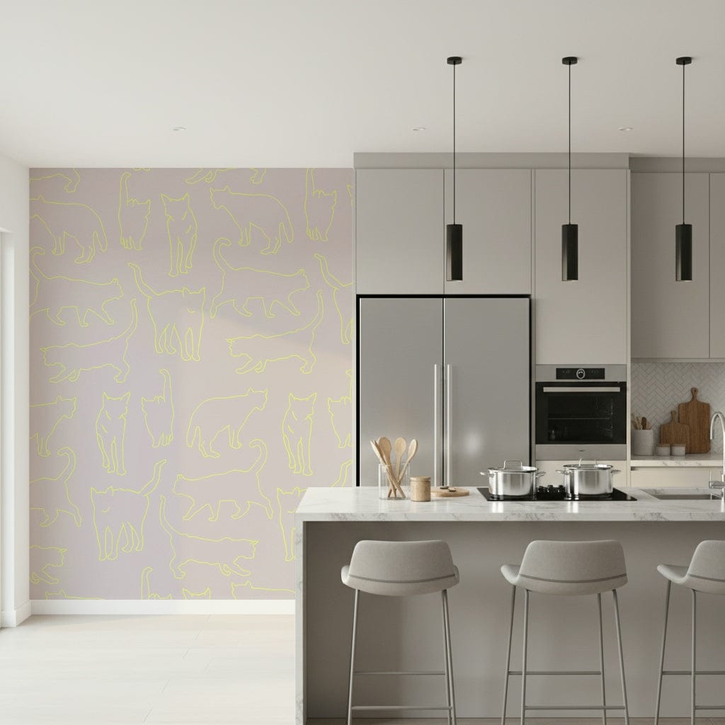 Abstract Neon Cat Wall Mural – Modern decorative wallpaper featuring neon-inspired cat shapes and outlines.