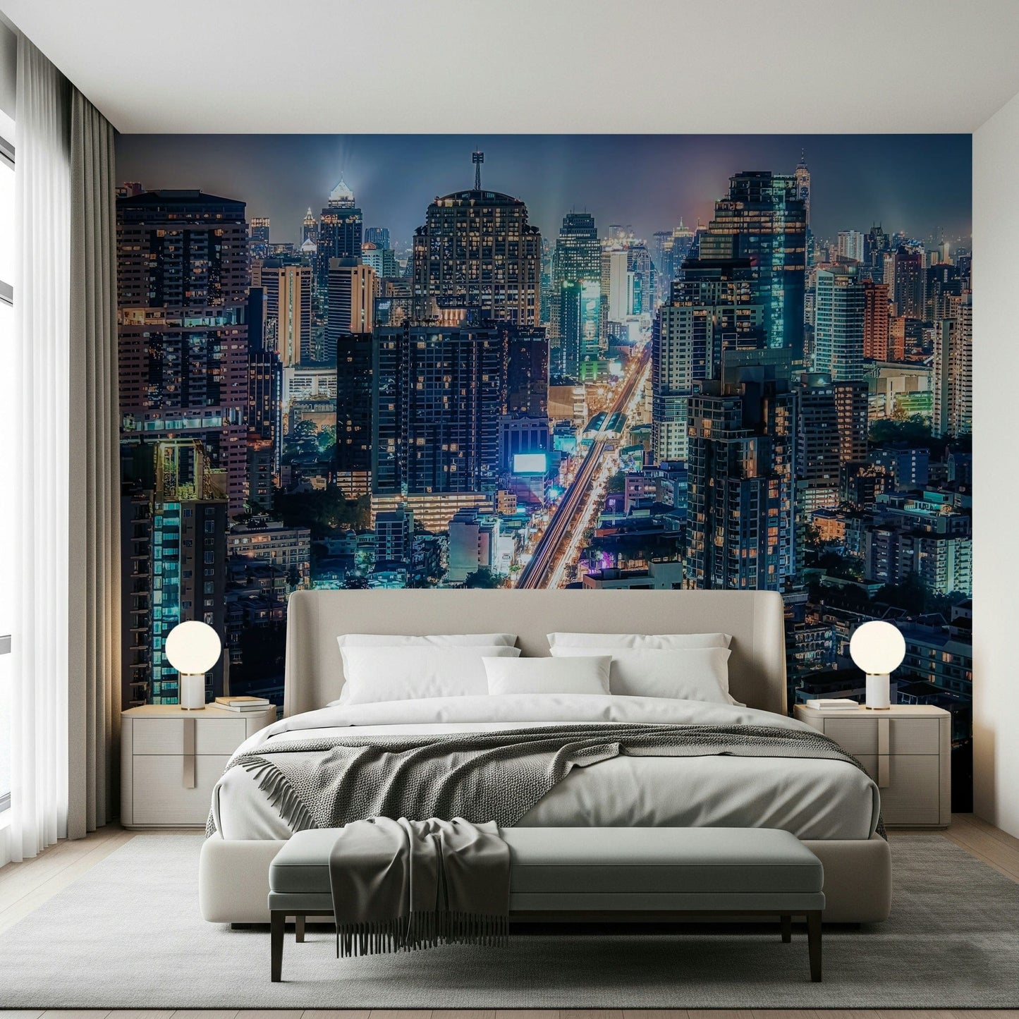 Futuristic cityscape, wall mural, striking building design.