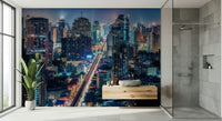 Dazzling street lights, night cityscape view wall mural art design.