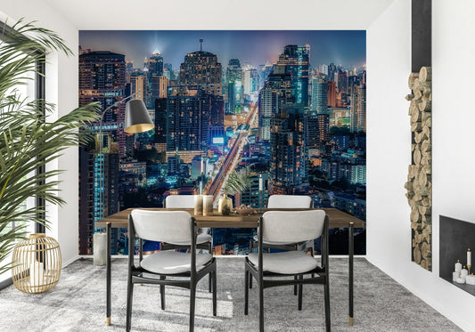 Neon Cityscape Nights wallpaper, vibrant urban glow, towering buildings.