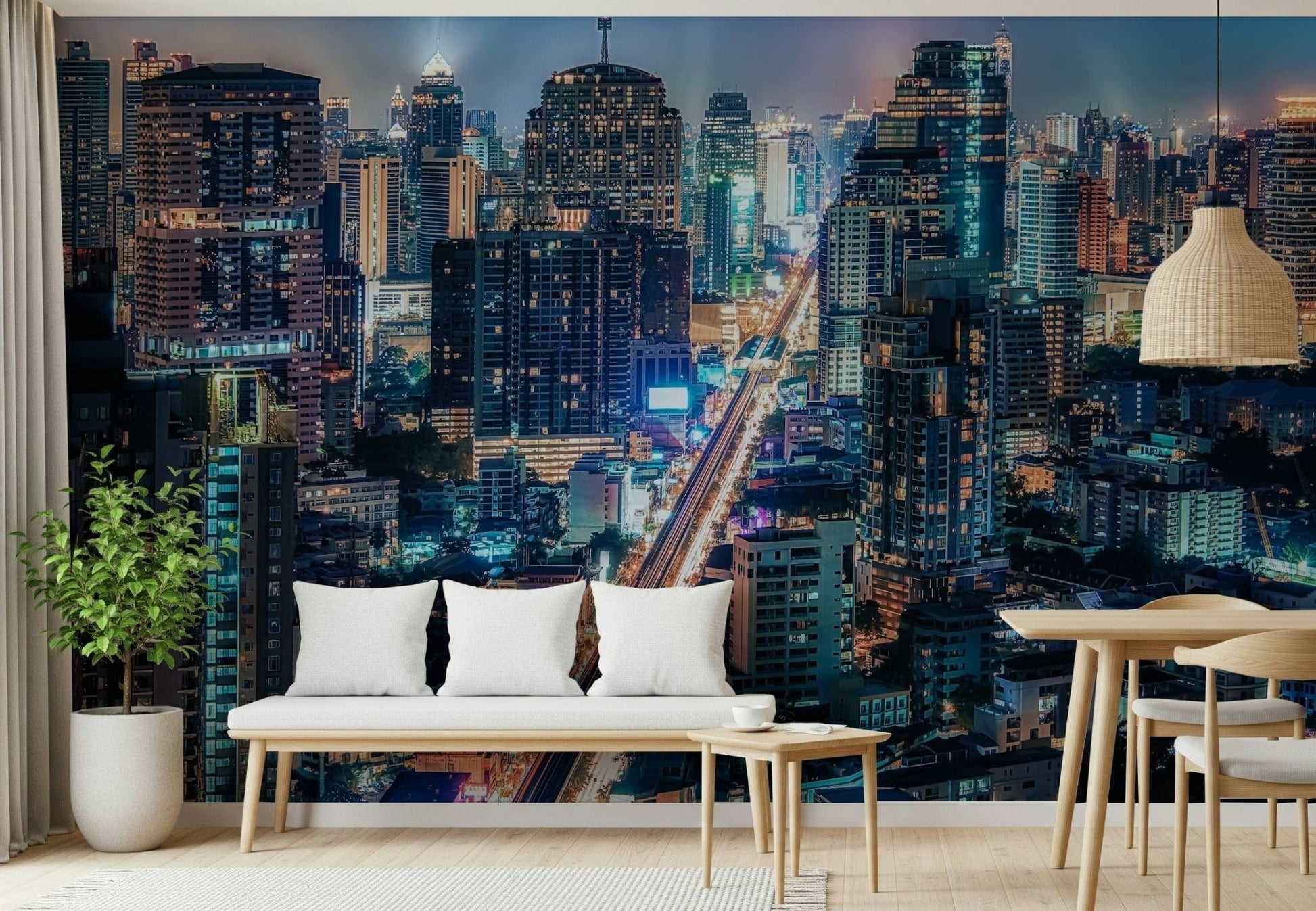 Bright city skyline wall mural, gleaming skyscrapers, electric night view.