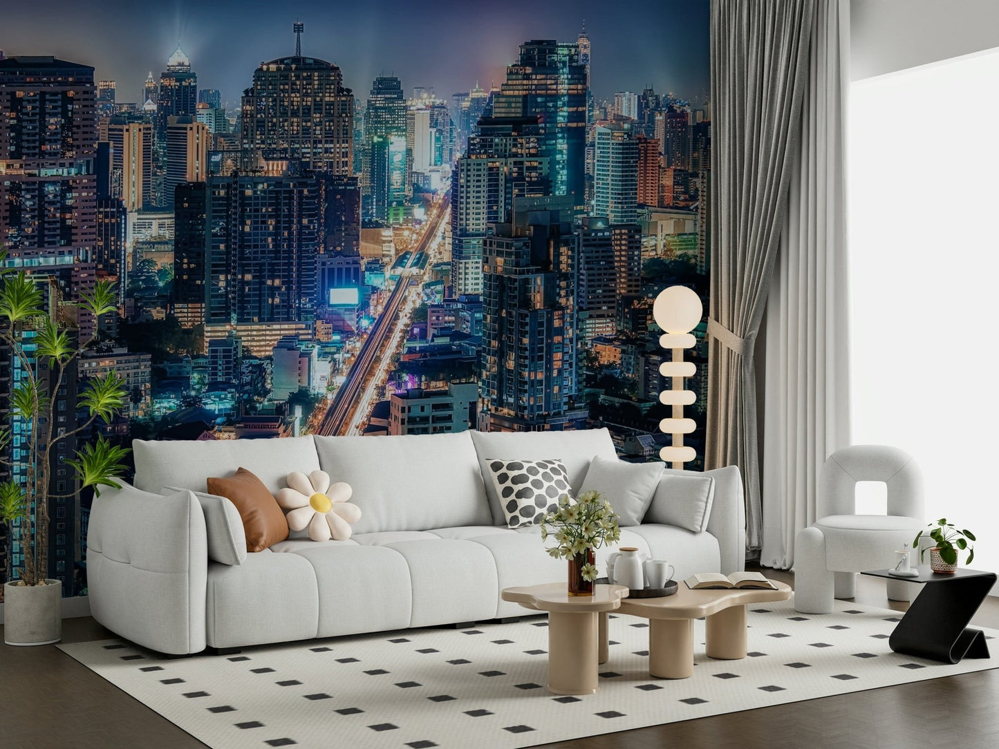 Neon Cityscape Nights wall mural, high-rise jungle look, fantastic feel.
