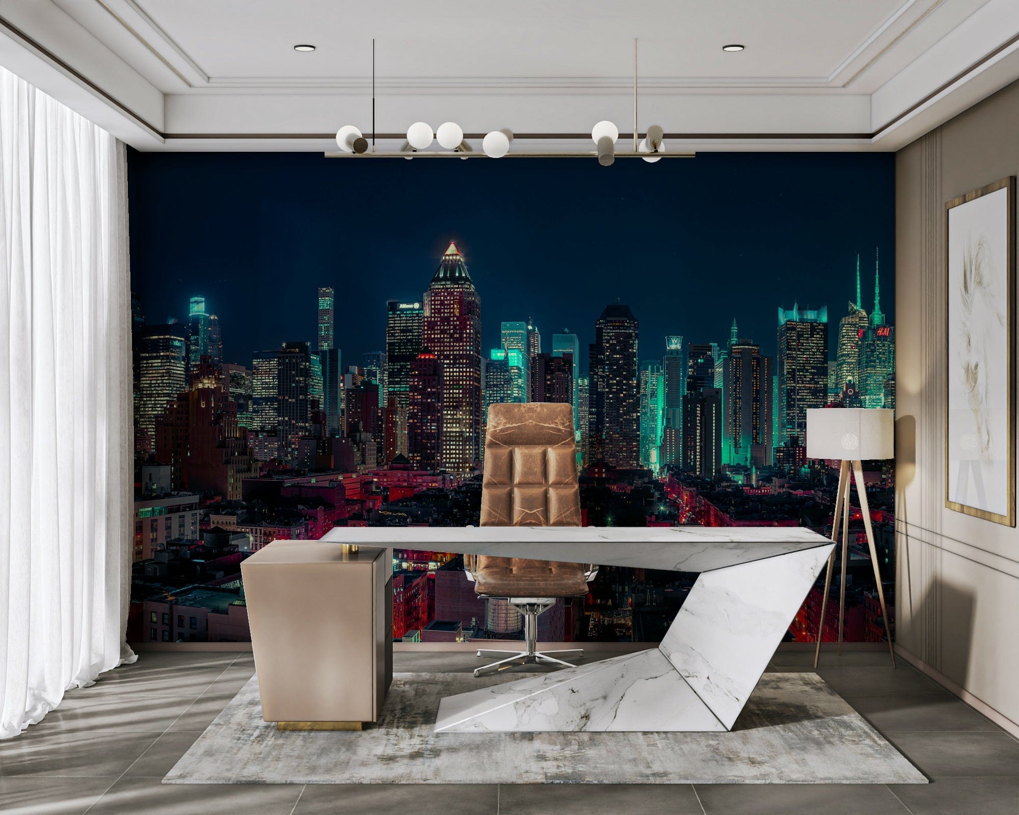 Neon City Nights wallpaper mural of a teal and red night skyline behind a marble desk in a home office