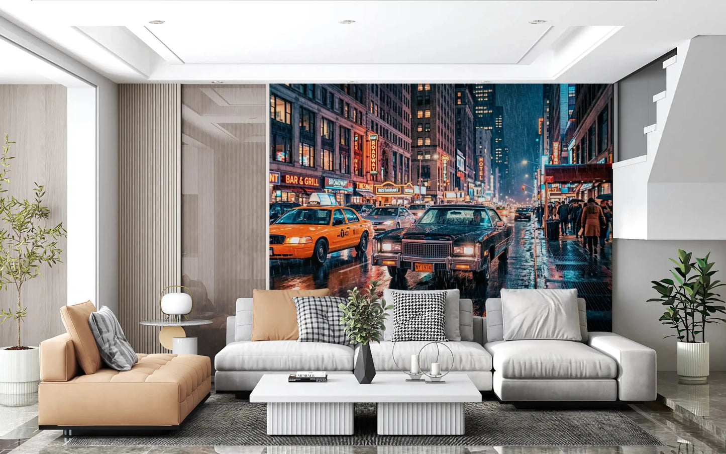 Neon Rain NYC Streets wall mural with taxis and glowing signs